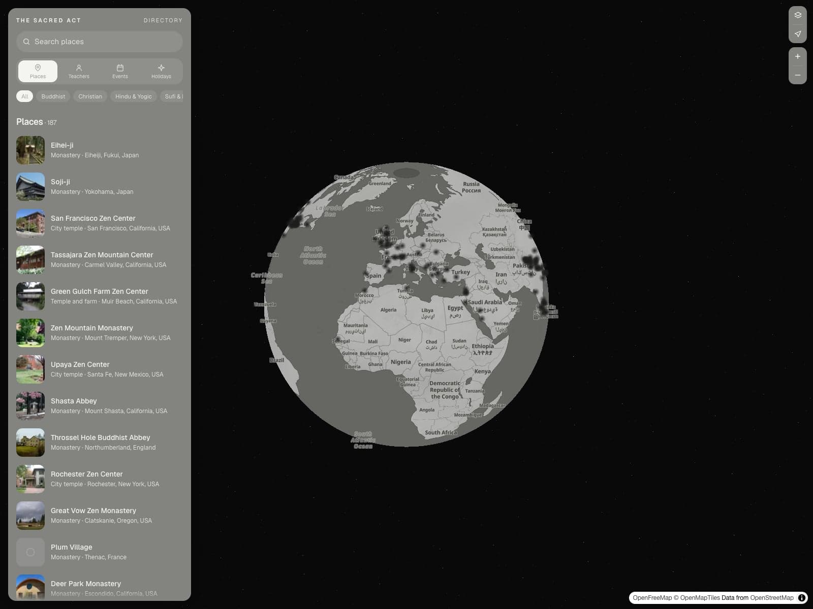 The Directory: the panel of places on the left, the globe beside it, its places as points of light