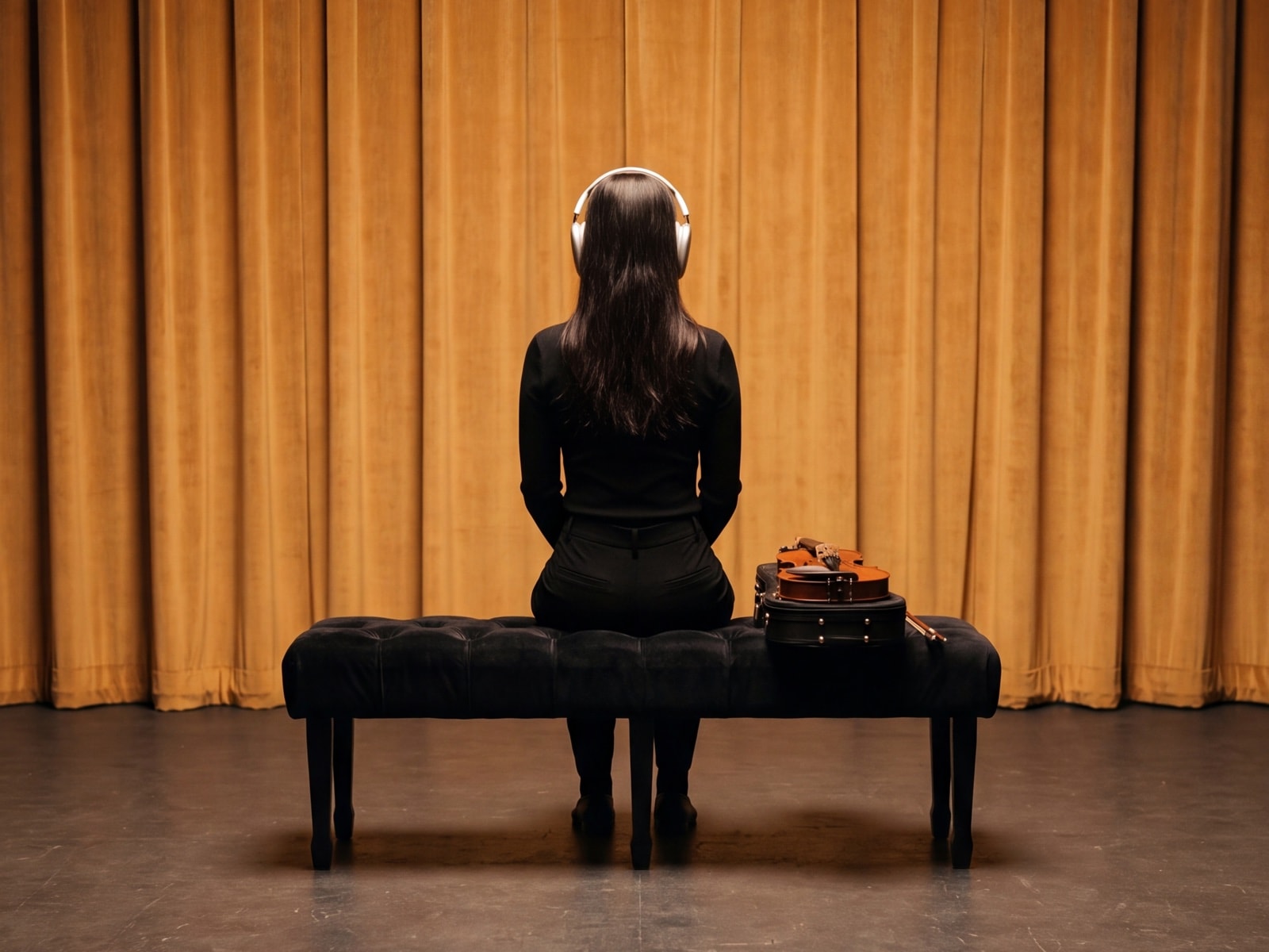 A violinist in headphones sits on a bench with her back to us, facing a gold curtain, her violin beside her.