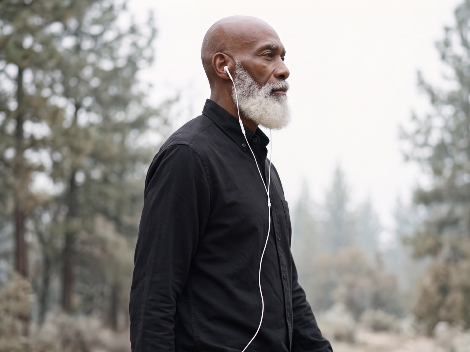 A man with a white beard walks a dirt track through pines with earbuds in, looking ahead.