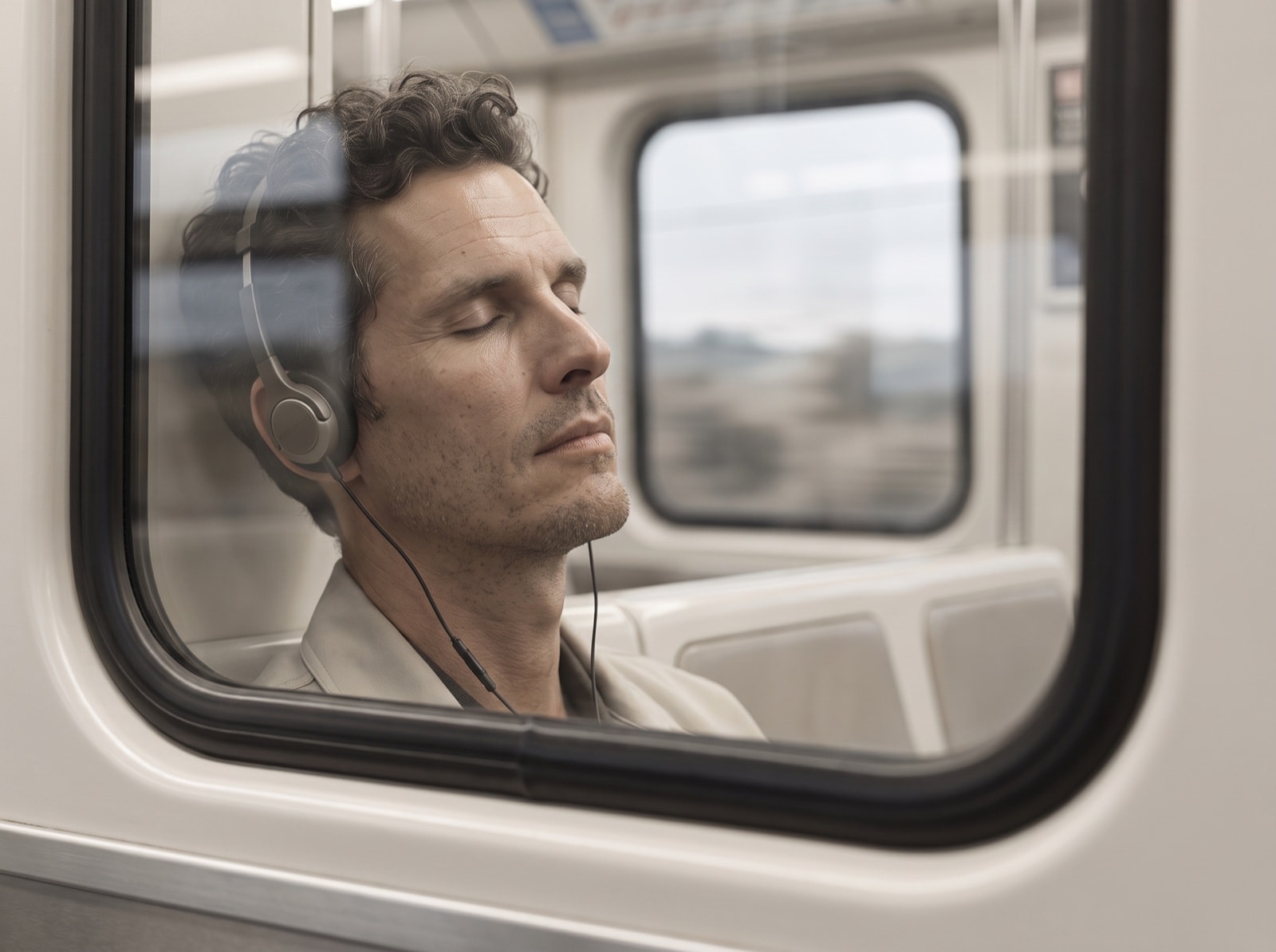 A man in headphones, eyes closed, seen through the window of a train door.